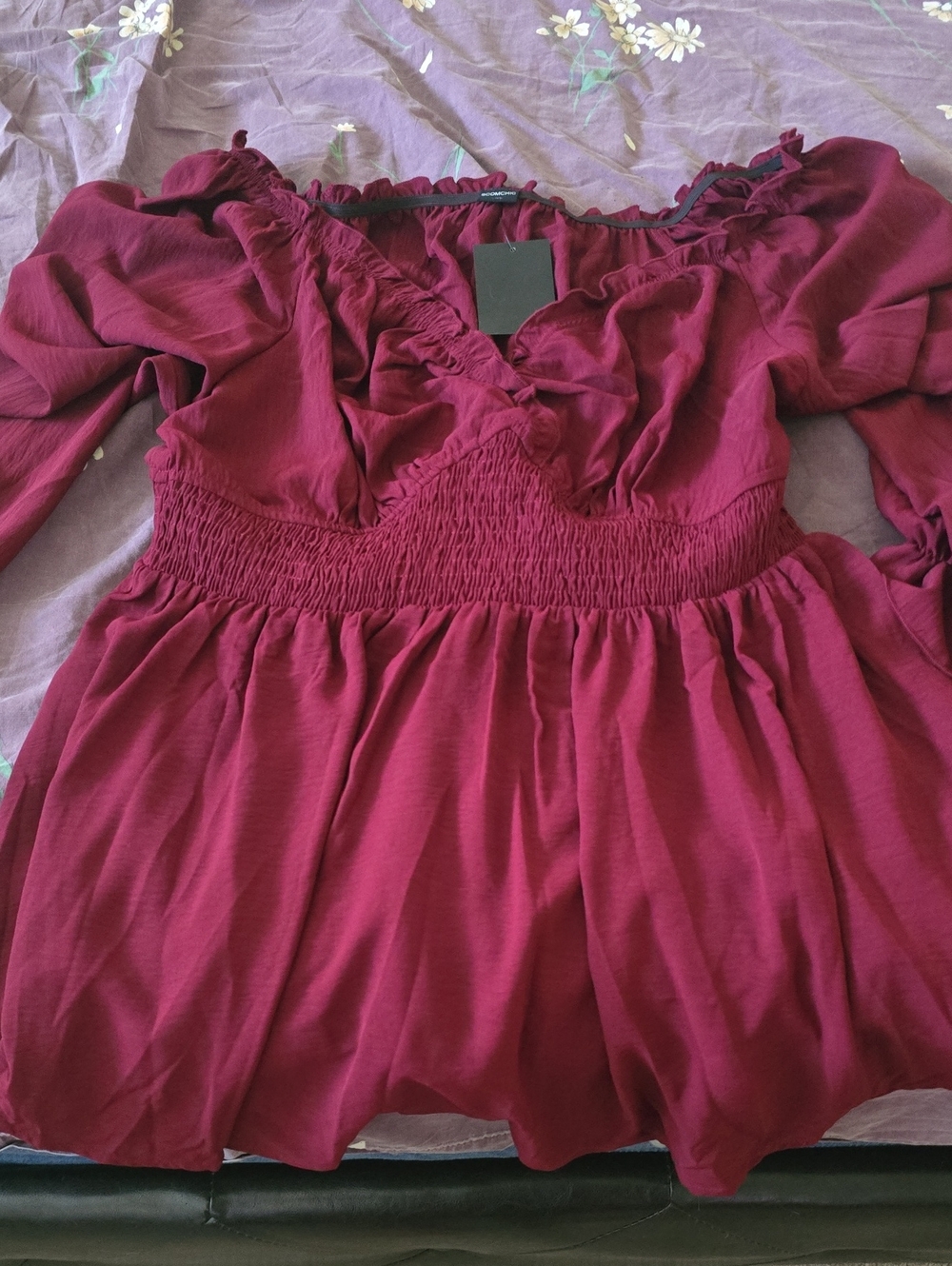 Deep Wine Ruffled Smocked Waist Peplum Top 1XL
